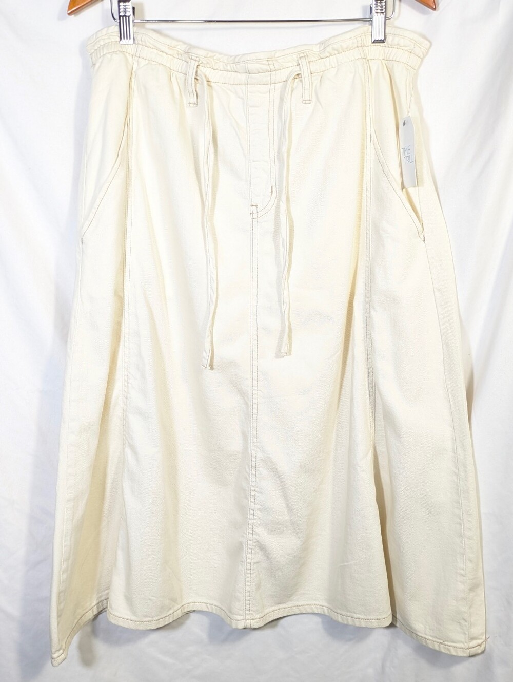 NWT Time and Tru Women Cream Ivory Denim A-line Midi Skirt High Rise Casual Sz L